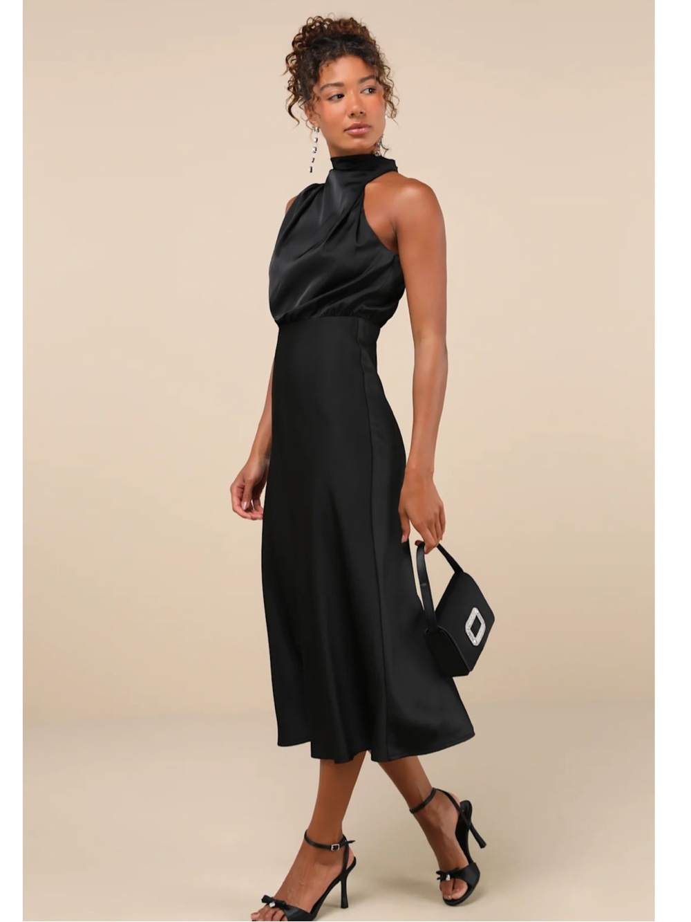 Lulus Distinctive Charm Black Satin Asymmetrical Mock Neck Satin Midi Dress M - Picture 4 of 15